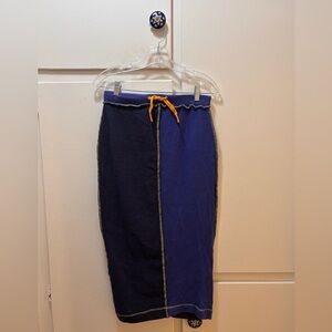 Two-Tone Navy and Royal Blue Knit Midi Skirt with Contrast Drawstring